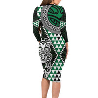 Green Aotearoa Niho Taniwha Long Sleeve Bodycon Dress Maori Mythology Tooth - Taniko Motifs LT14 - Polynesian Pride