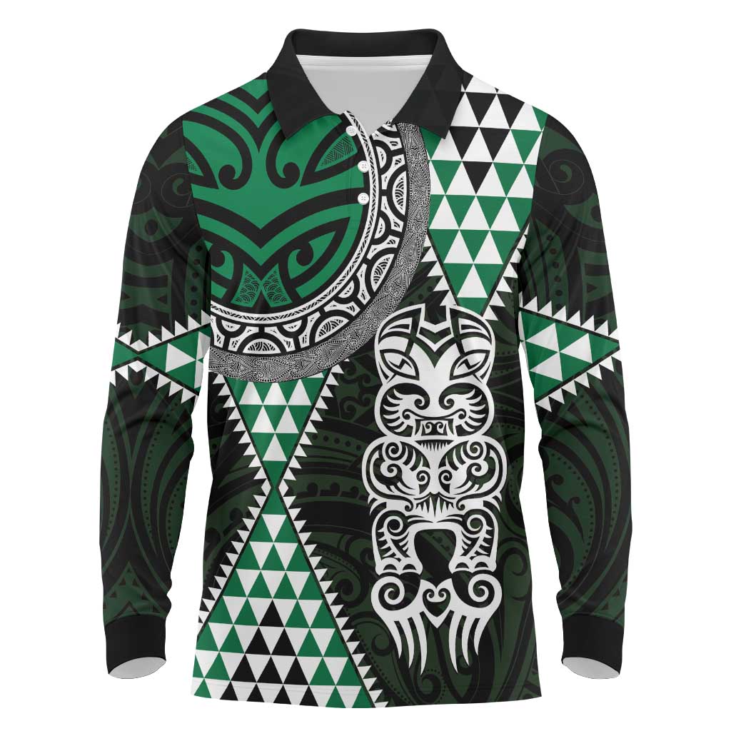 Green Aotearoa Niho Taniwha Long Sleeve Polo Shirt Maori Mythology Tooth - Taniko Motifs LT14 Green - Polynesian Pride