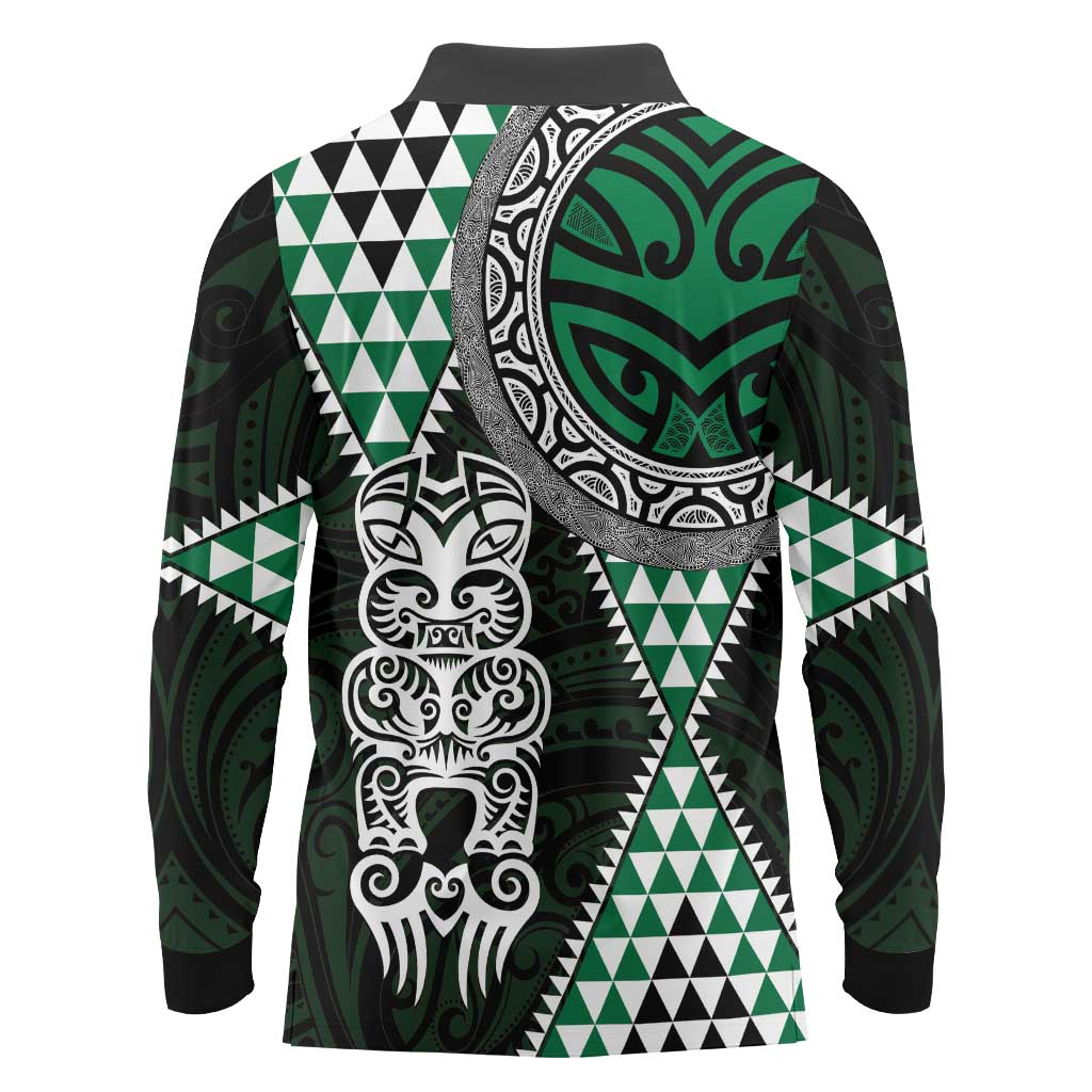 Green Aotearoa Niho Taniwha Long Sleeve Polo Shirt Maori Mythology Tooth - Taniko Motifs LT14 - Polynesian Pride
