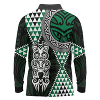 Green Aotearoa Niho Taniwha Long Sleeve Polo Shirt Maori Mythology Tooth - Taniko Motifs LT14 - Polynesian Pride