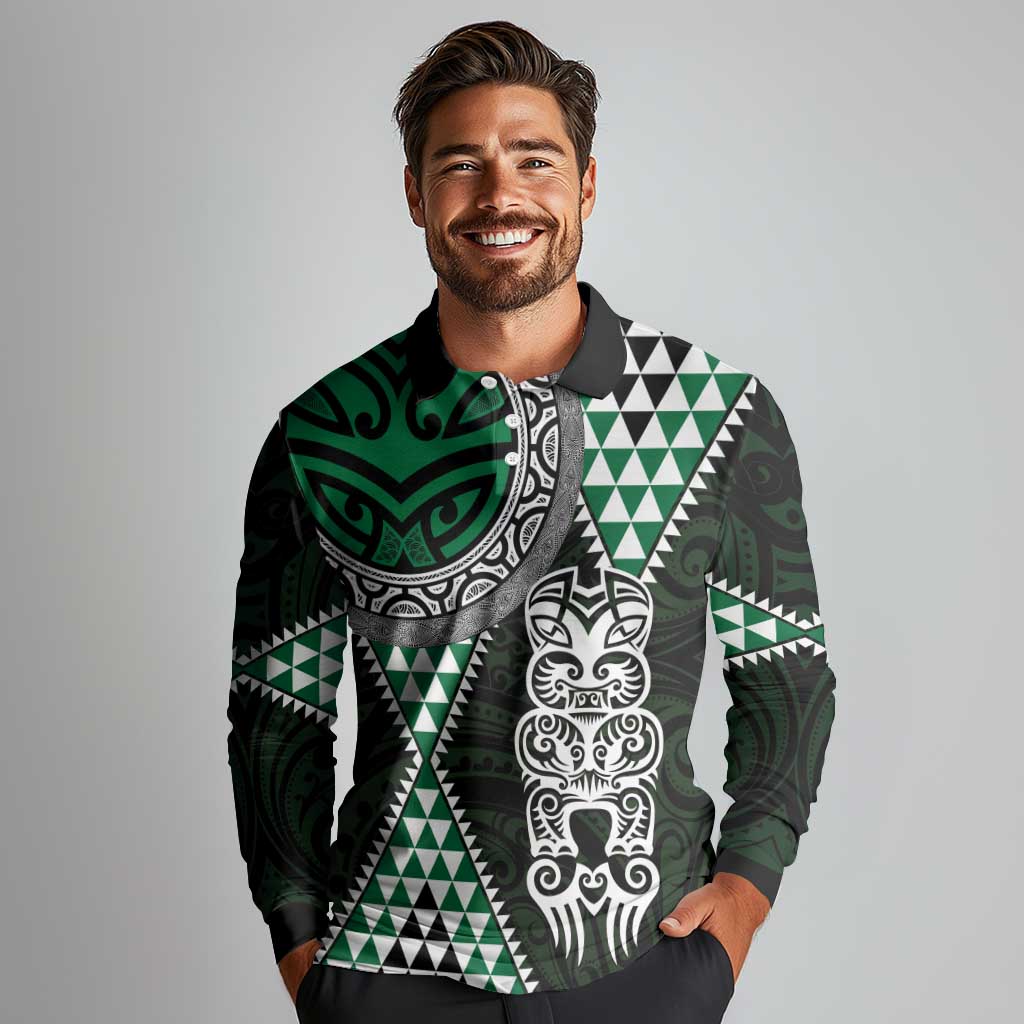 Green Aotearoa Niho Taniwha Long Sleeve Polo Shirt Maori Mythology Tooth - Taniko Motifs LT14 - Polynesian Pride
