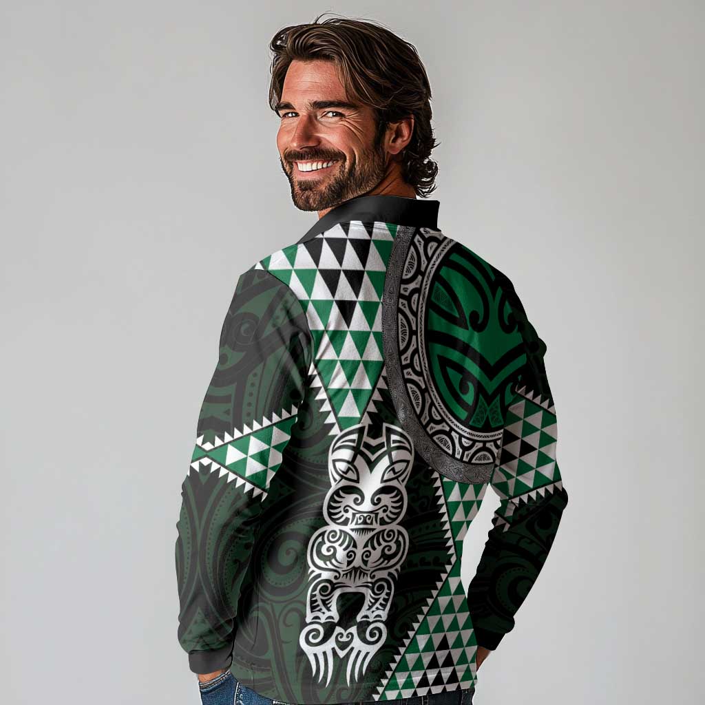 Green Aotearoa Niho Taniwha Long Sleeve Polo Shirt Maori Mythology Tooth - Taniko Motifs LT14 - Polynesian Pride