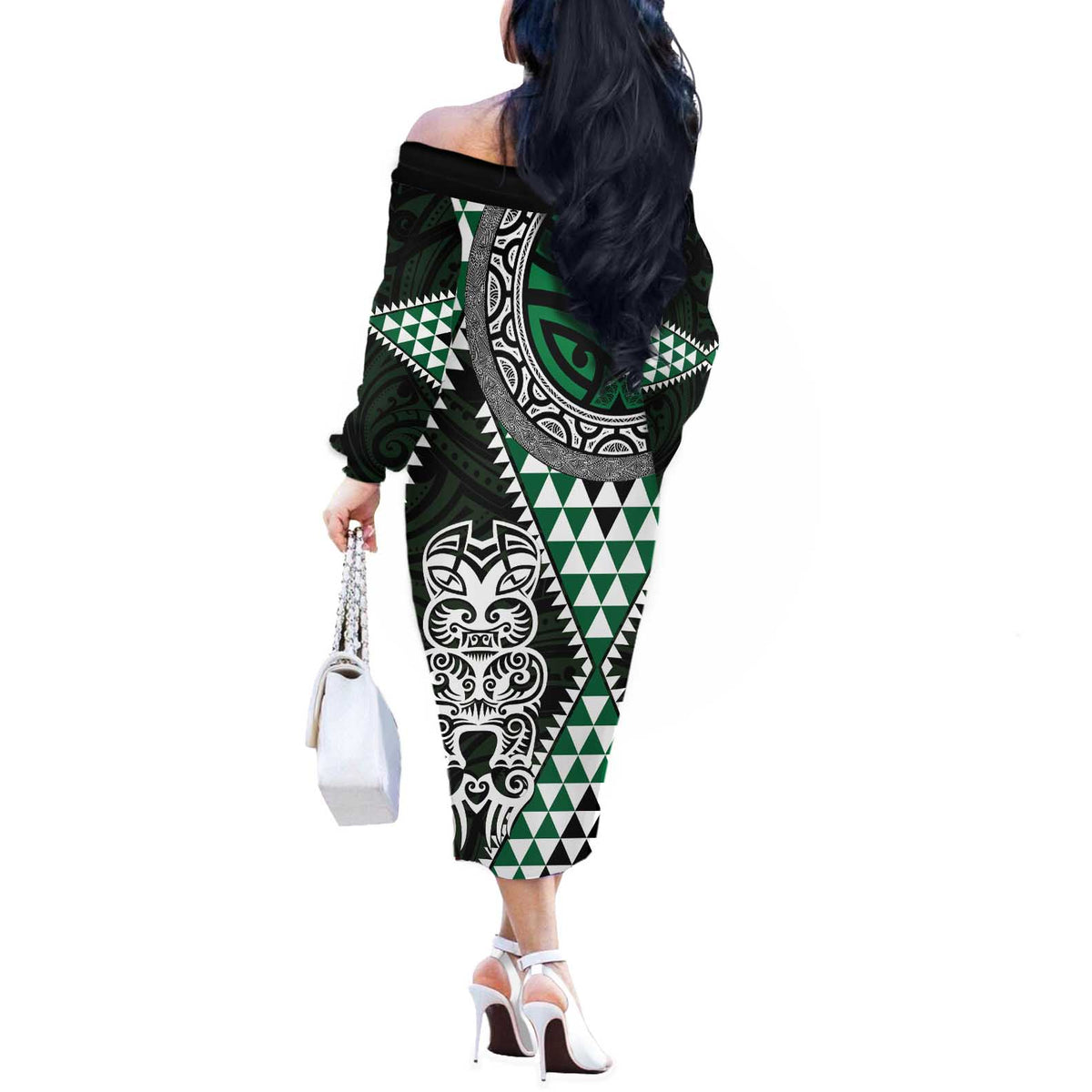 Green Aotearoa Niho Taniwha Off The Shoulder Long Sleeve Dress Maori Mythology Tooth - Taniko Motifs LT14 - Polynesian Pride