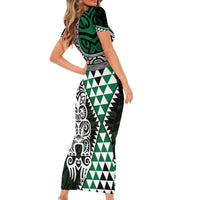 Green Aotearoa Niho Taniwha Short Sleeve Bodycon Dress Maori Mythology Tooth - Taniko Motifs LT14 - Polynesian Pride
