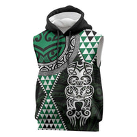 Green Aotearoa Niho Taniwha Sleeveless Hoodie Maori Mythology Tooth - Taniko Motifs LT14 Green - Polynesian Pride