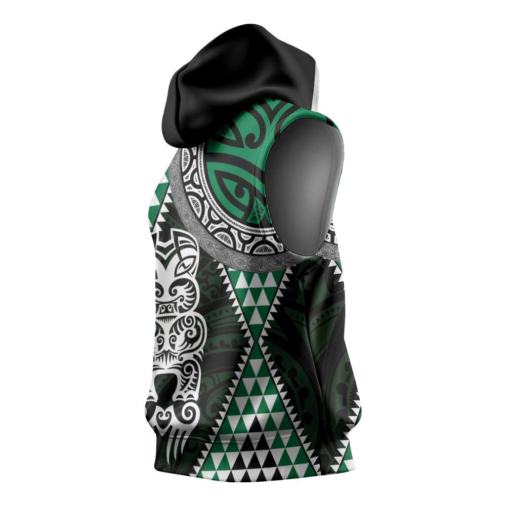 Green Aotearoa Niho Taniwha Sleeveless Hoodie Maori Mythology Tooth - Taniko Motifs LT14 - Polynesian Pride