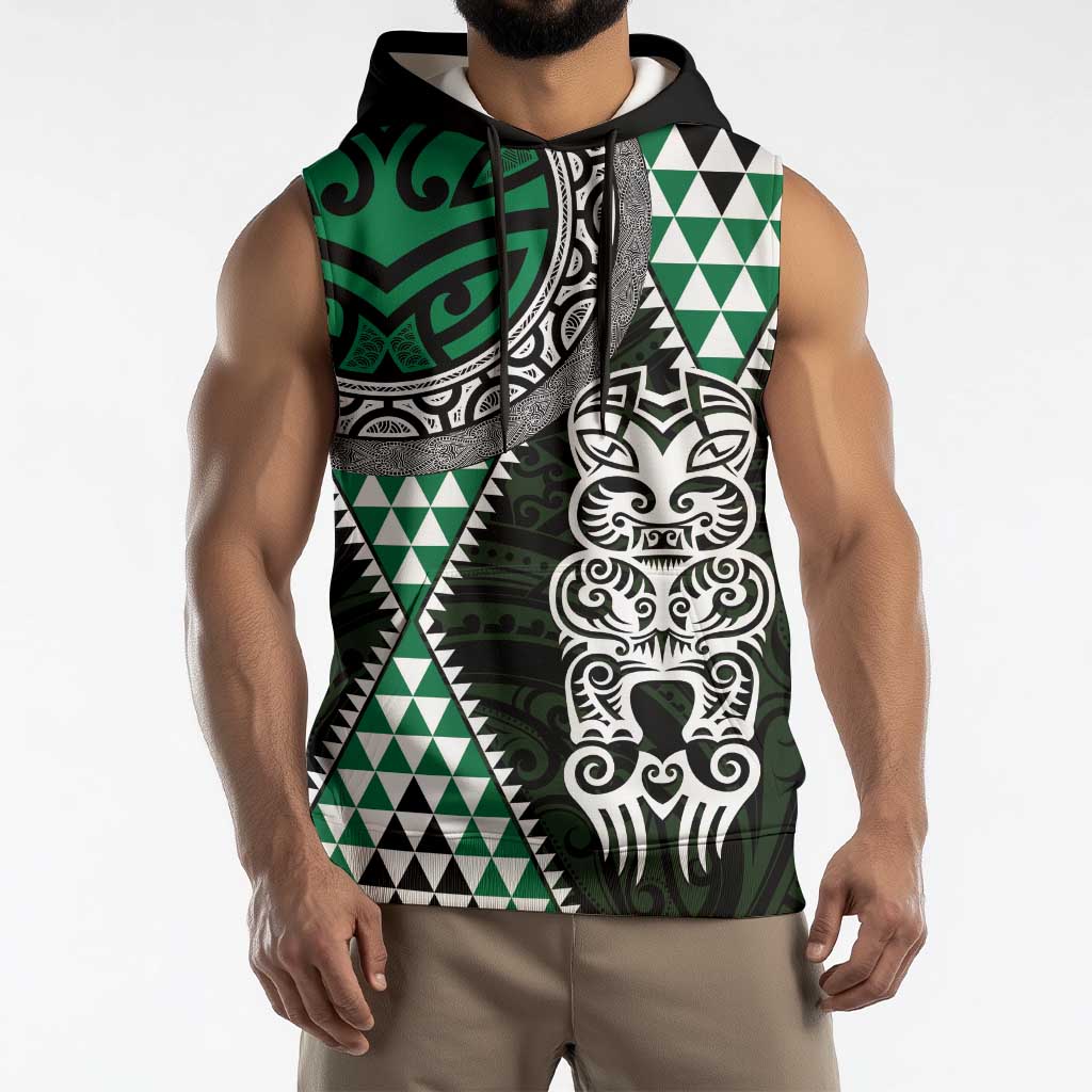 Green Aotearoa Niho Taniwha Sleeveless Hoodie Maori Mythology Tooth - Taniko Motifs LT14 - Polynesian Pride