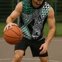 Green Aotearoa Niho Taniwha Sleeveless Hoodie Maori Mythology Tooth - Taniko Motifs LT14 - Polynesian Pride