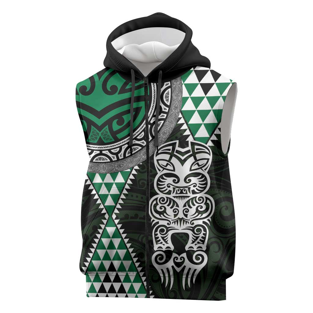Green Aotearoa Niho Taniwha Sleeveless Zip Hoodie Maori Mythology Tooth - Taniko Motifs LT14 Green - Polynesian Pride