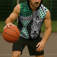 Green Aotearoa Niho Taniwha Sleeveless Zip Hoodie Maori Mythology Tooth - Taniko Motifs LT14 - Polynesian Pride
