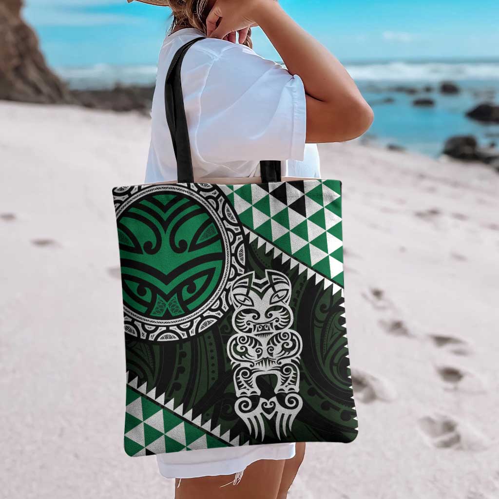 Green Aotearoa Niho Taniwha Tote Bag Maori Mythology Tooth - Taniko Motifs - Polynesian Pride