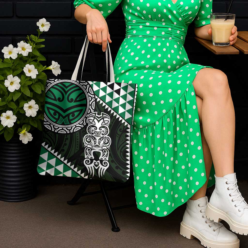 Green Aotearoa Niho Taniwha Tote Bag Maori Mythology Tooth - Taniko Motifs - Polynesian Pride