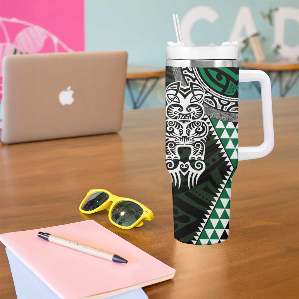 Green Aotearoa Niho Taniwha Tumbler With Handle Maori Mythology Tooth - Taniko Motifs