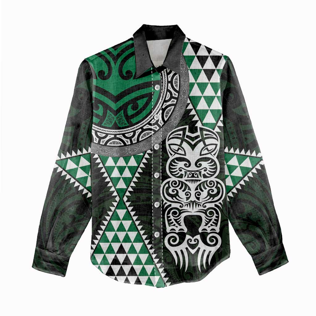 Green Aotearoa Niho Taniwha Women Casual Shirt Maori Mythology Tooth - Taniko Motifs LT14 - Polynesian Pride