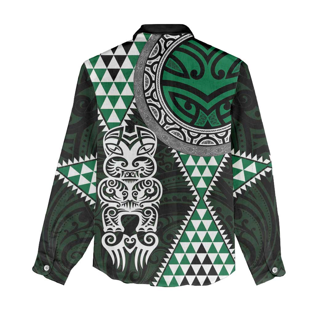 Green Aotearoa Niho Taniwha Women Casual Shirt Maori Mythology Tooth - Taniko Motifs LT14 - Polynesian Pride