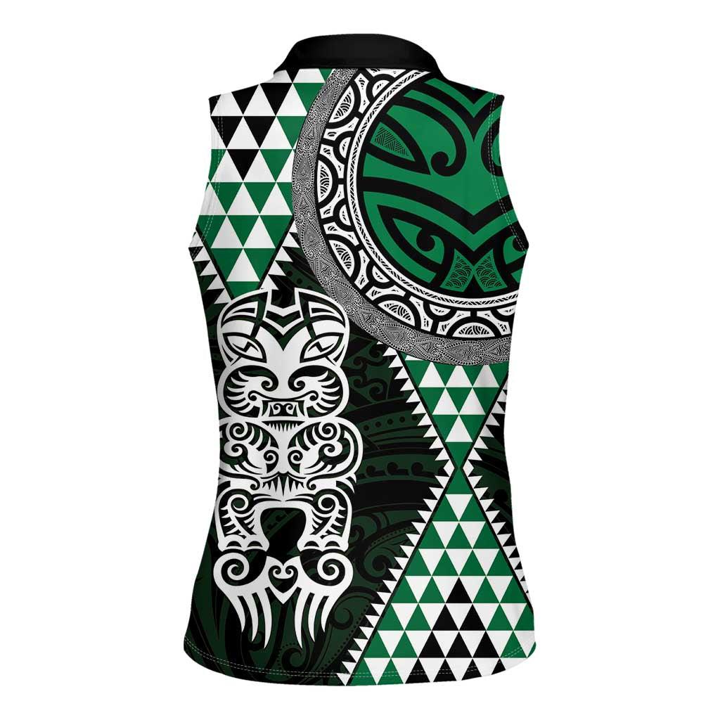Green Aotearoa Niho Taniwha Women Sleeveless Polo Shirt Maori Mythology Tooth - Taniko Motifs LT14 - Polynesian Pride