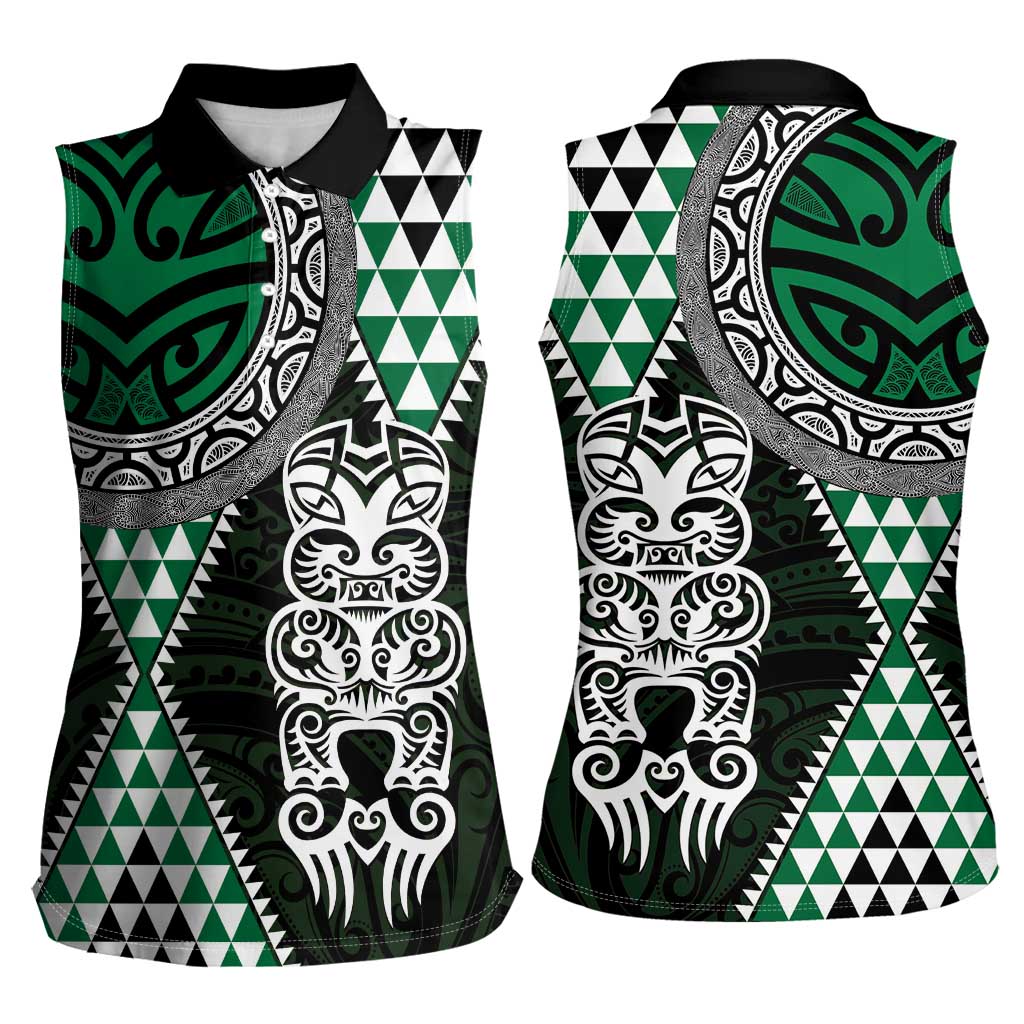 Green Aotearoa Niho Taniwha Women Sleeveless Polo Shirt Maori Mythology Tooth - Taniko Motifs LT14 - Polynesian Pride