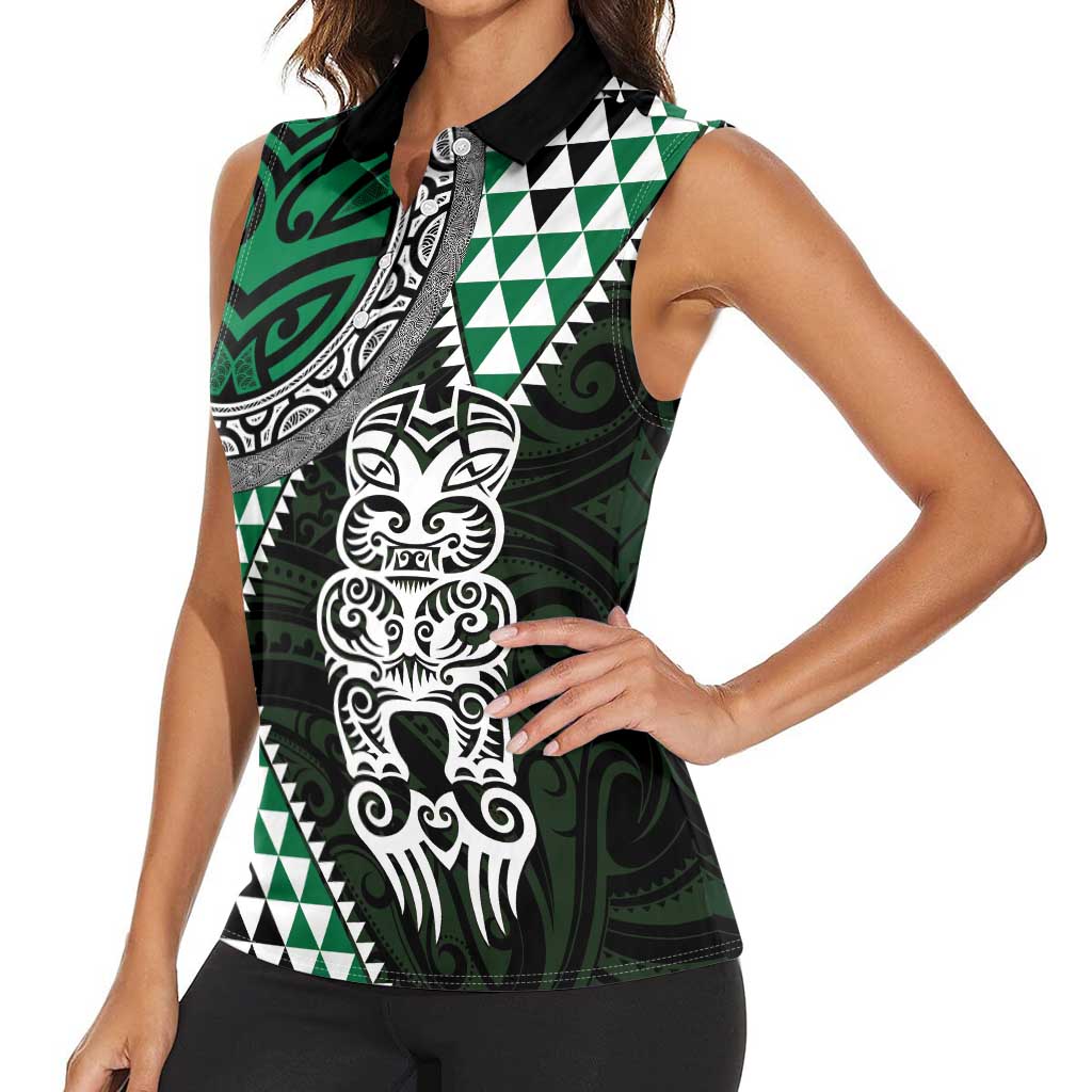 Green Aotearoa Niho Taniwha Women Sleeveless Polo Shirt Maori Mythology Tooth - Taniko Motifs LT14 - Polynesian Pride