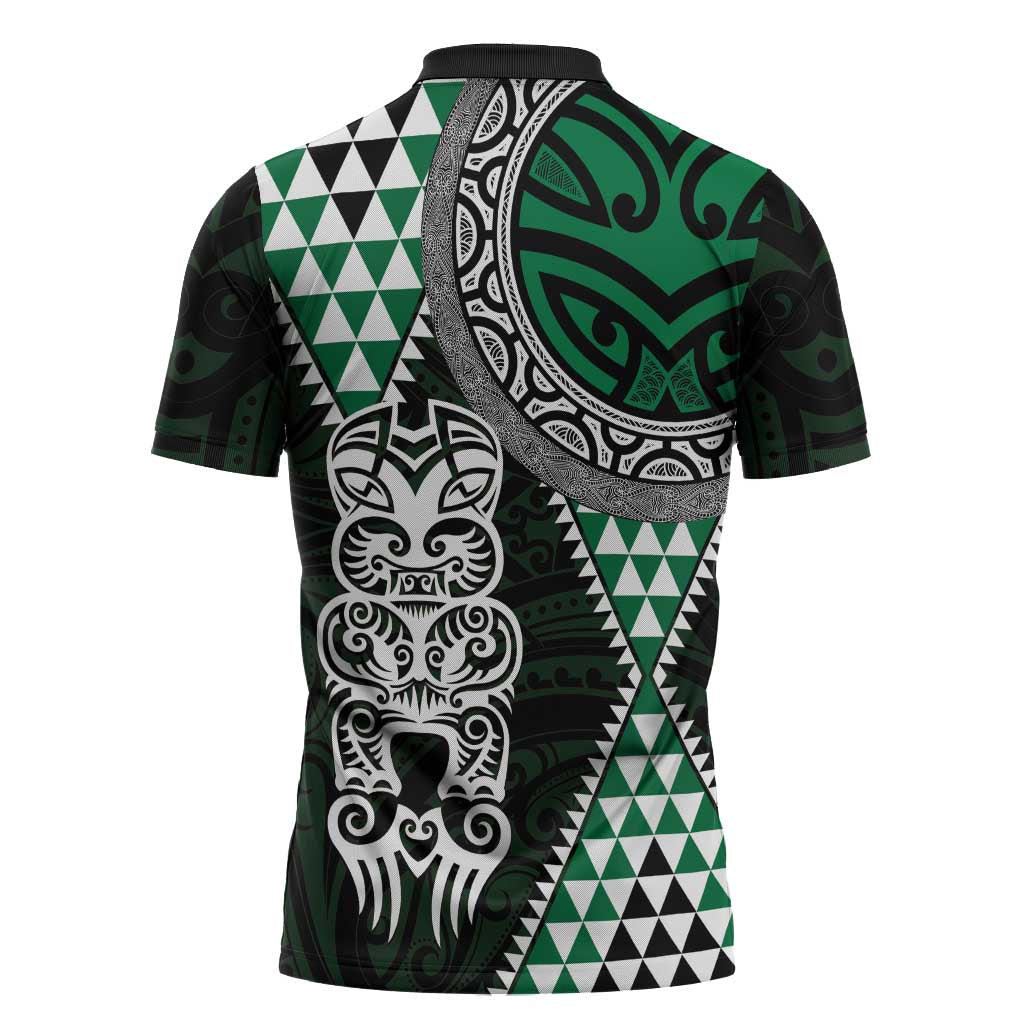 Green Aotearoa Niho Taniwha Zipper Polo Shirt Maori Mythology Tooth - Taniko Motifs - Polynesian Pride