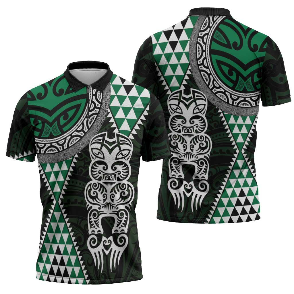 Green Aotearoa Niho Taniwha Zipper Polo Shirt Maori Mythology Tooth - Taniko Motifs - Polynesian Pride