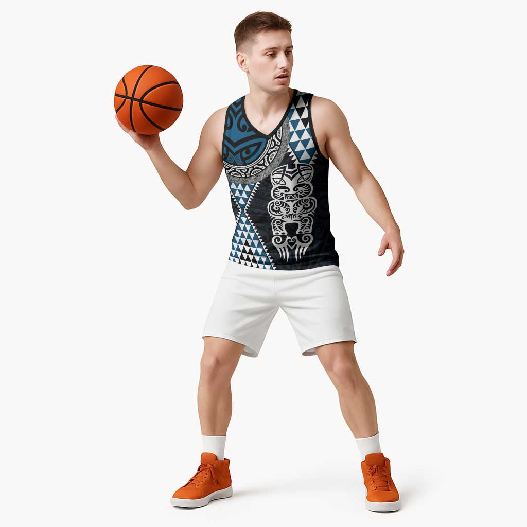 Blue Aotearoa Niho Taniwha Basketball Jersey Maori Mythology Tooth - Taniko Motifs - Polynesian Pride