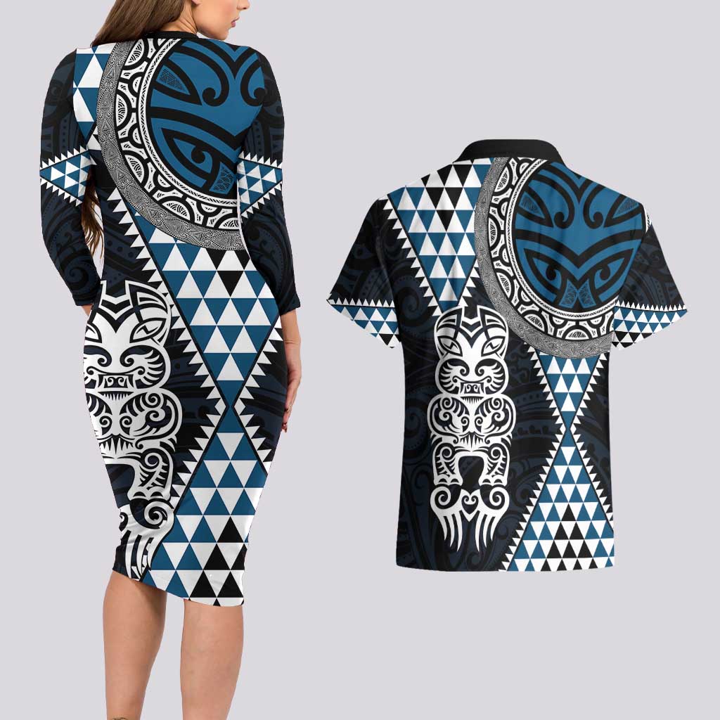 Blue Aotearoa Niho Taniwha Couples Matching Long Sleeve Bodycon Dress and Hawaiian Shirt Maori Mythology Tooth - Taniko Motifs LT14 - Polynesian Pride
