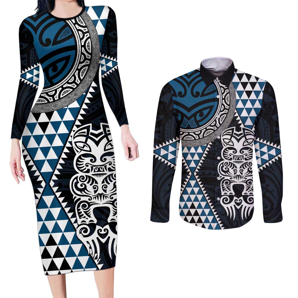 Blue Aotearoa Niho Taniwha Couples Matching Long Sleeve Bodycon Dress and Long Sleeve Button Shirt Maori Mythology Tooth - Taniko Motifs LT14 Blue - Polynesian Pride