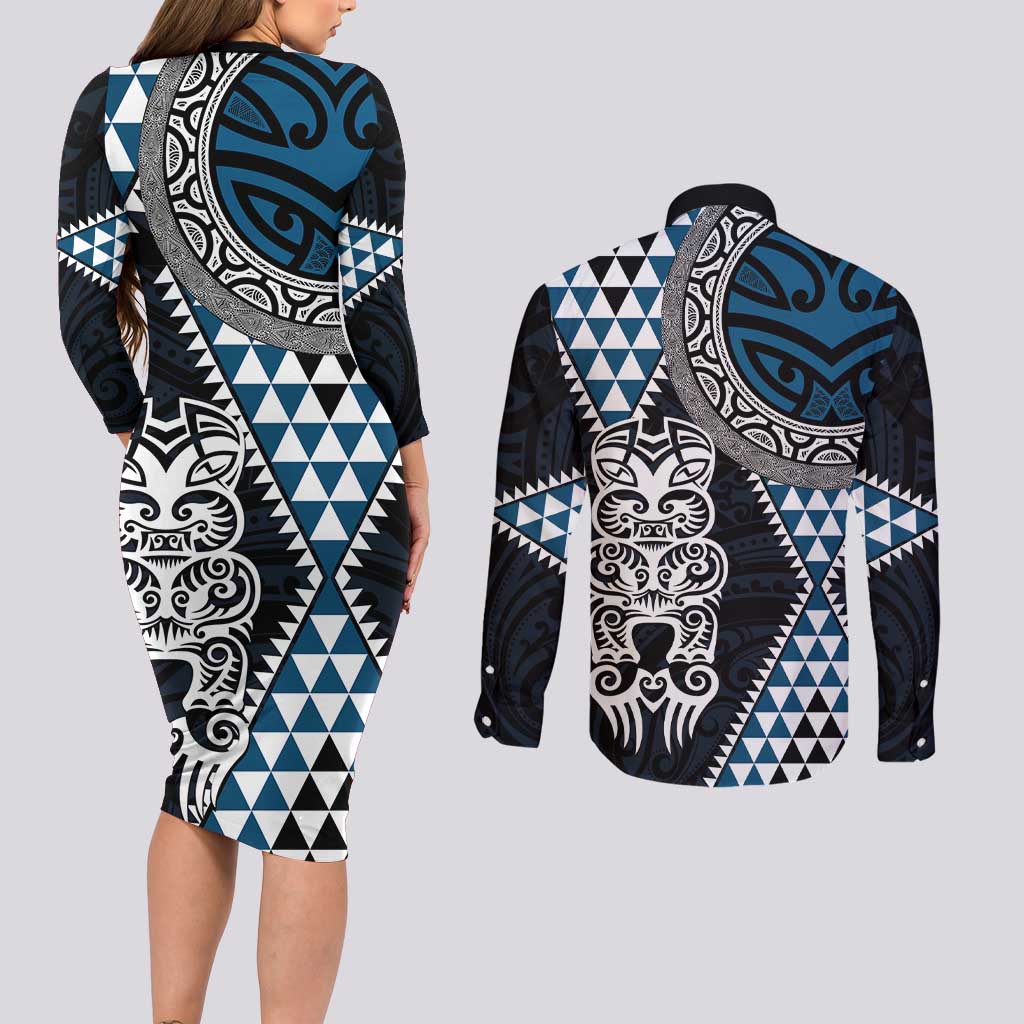 Blue Aotearoa Niho Taniwha Couples Matching Long Sleeve Bodycon Dress and Long Sleeve Button Shirt Maori Mythology Tooth - Taniko Motifs LT14 - Polynesian Pride