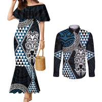 Blue Aotearoa Niho Taniwha Couples Matching Mermaid Dress and Long Sleeve Button Shirt Maori Mythology Tooth - Taniko Motifs LT14 Blue - Polynesian Pride