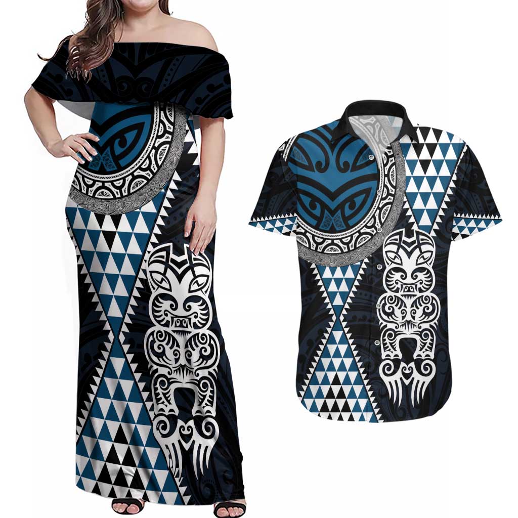 Blue Aotearoa Niho Taniwha Couples Matching Off Shoulder Maxi Dress and Hawaiian Shirt Maori Mythology Tooth - Taniko Motifs LT14 Blue - Polynesian Pride