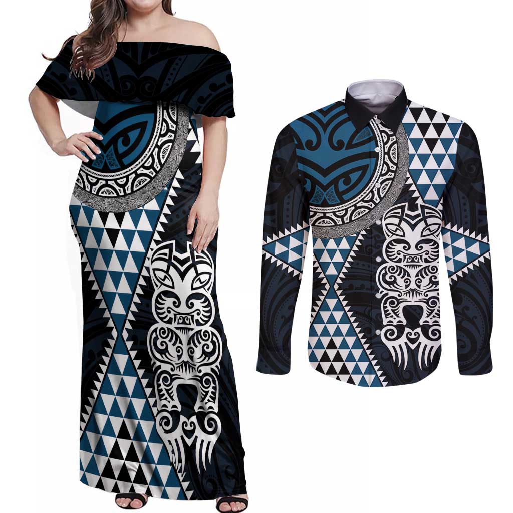 Blue Aotearoa Niho Taniwha Couples Matching Off Shoulder Maxi Dress and Long Sleeve Button Shirt Maori Mythology Tooth - Taniko Motifs LT14 Blue - Polynesian Pride