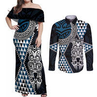 Blue Aotearoa Niho Taniwha Couples Matching Off Shoulder Maxi Dress and Long Sleeve Button Shirt Maori Mythology Tooth - Taniko Motifs LT14 Blue - Polynesian Pride