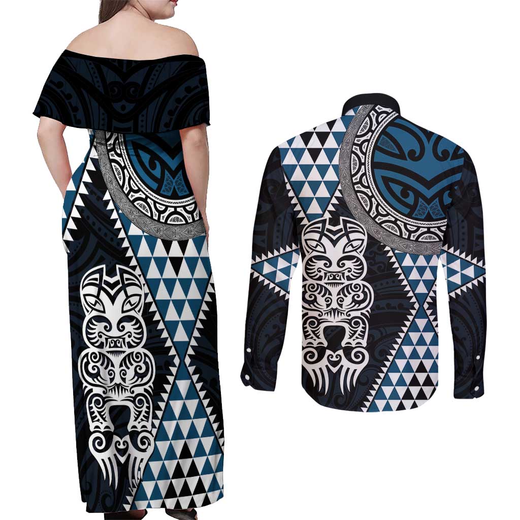 Blue Aotearoa Niho Taniwha Couples Matching Off Shoulder Maxi Dress and Long Sleeve Button Shirt Maori Mythology Tooth - Taniko Motifs LT14 - Polynesian Pride