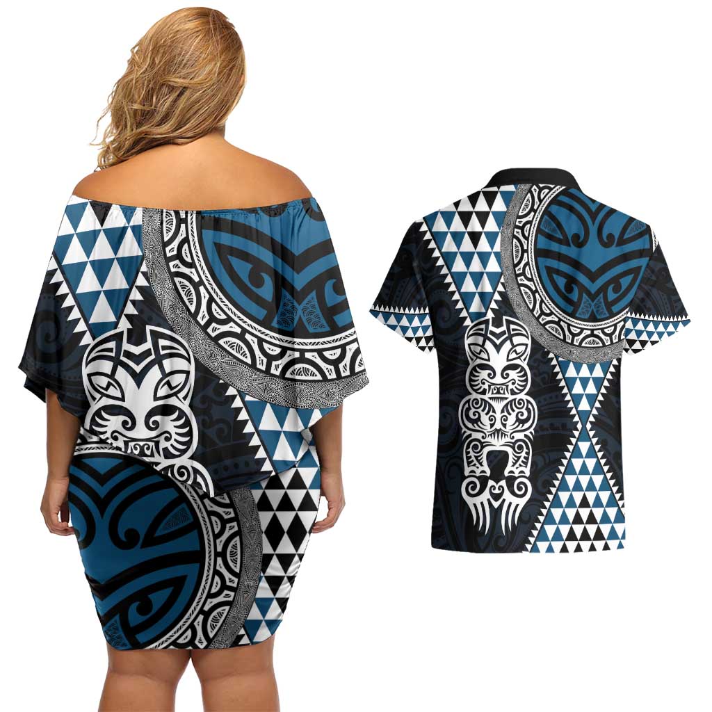 Blue Aotearoa Niho Taniwha Couples Matching Off Shoulder Short Dress and Hawaiian Shirt Maori Mythology Tooth - Taniko Motifs LT14 - Polynesian Pride