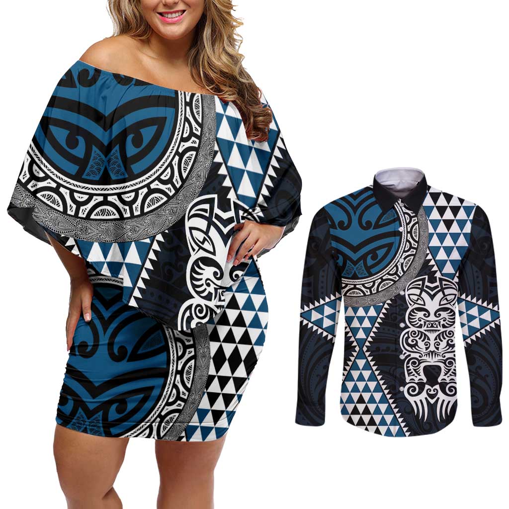 Blue Aotearoa Niho Taniwha Couples Matching Off Shoulder Short Dress and Long Sleeve Button Shirt Maori Mythology Tooth - Taniko Motifs LT14 Blue - Polynesian Pride