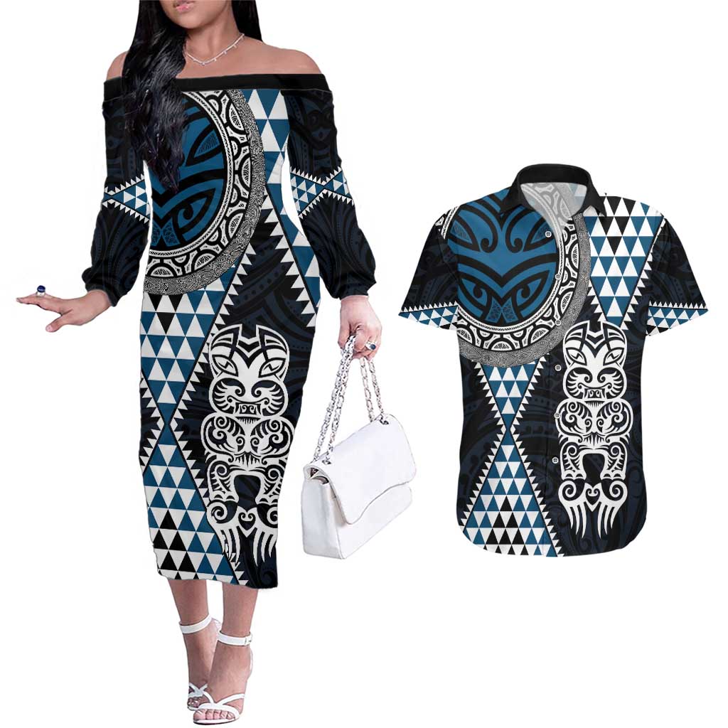 Blue Aotearoa Niho Taniwha Couples Matching Off The Shoulder Long Sleeve Dress and Hawaiian Shirt Maori Mythology Tooth - Taniko Motifs LT14 Blue - Polynesian Pride