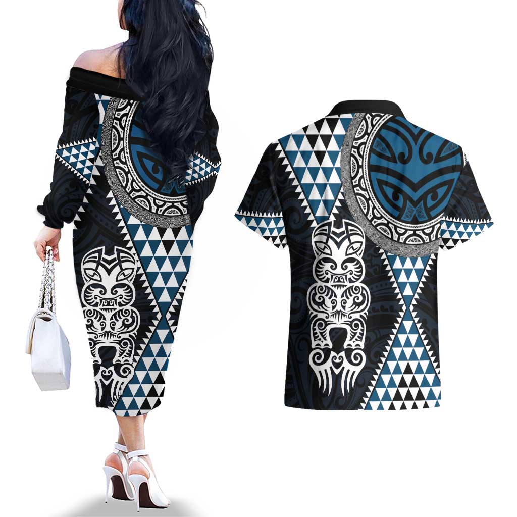 Blue Aotearoa Niho Taniwha Couples Matching Off The Shoulder Long Sleeve Dress and Hawaiian Shirt Maori Mythology Tooth - Taniko Motifs LT14 - Polynesian Pride