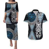 Blue Aotearoa Niho Taniwha Couples Matching Puletasi and Hawaiian Shirt Maori Mythology Tooth - Taniko Motifs LT14 Blue - Polynesian Pride