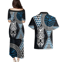 Blue Aotearoa Niho Taniwha Couples Matching Puletasi and Hawaiian Shirt Maori Mythology Tooth - Taniko Motifs LT14 - Polynesian Pride