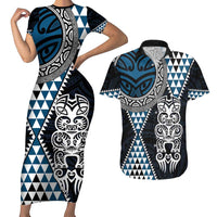 Blue Aotearoa Niho Taniwha Couples Matching Short Sleeve Bodycon Dress and Hawaiian Shirt Maori Mythology Tooth - Taniko Motifs LT14 Blue - Polynesian Pride