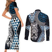 Blue Aotearoa Niho Taniwha Couples Matching Short Sleeve Bodycon Dress and Long Sleeve Button Shirt Maori Mythology Tooth - Taniko Motifs LT14 - Polynesian Pride
