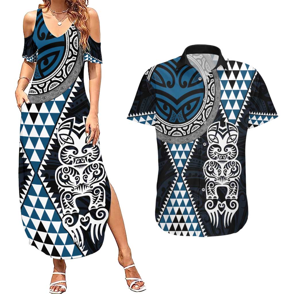 Blue Aotearoa Niho Taniwha Couples Matching Summer Maxi Dress and Hawaiian Shirt Maori Mythology Tooth - Taniko Motifs LT14 Blue - Polynesian Pride