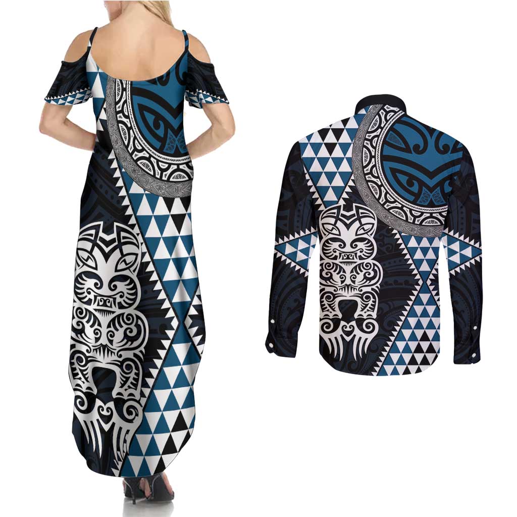Blue Aotearoa Niho Taniwha Couples Matching Summer Maxi Dress and Long Sleeve Button Shirt Maori Mythology Tooth - Taniko Motifs LT14 - Polynesian Pride