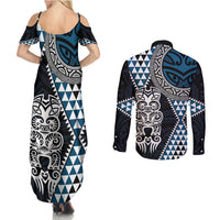 Blue Aotearoa Niho Taniwha Couples Matching Summer Maxi Dress and Long Sleeve Button Shirt Maori Mythology Tooth - Taniko Motifs LT14 - Polynesian Pride