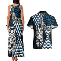 Blue Aotearoa Niho Taniwha Couples Matching Tank Maxi Dress and Hawaiian Shirt Maori Mythology Tooth - Taniko Motifs LT14 - Polynesian Pride