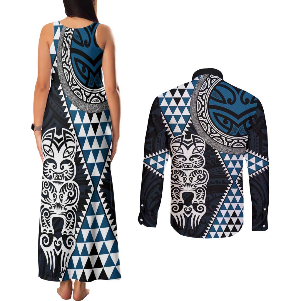 Blue Aotearoa Niho Taniwha Couples Matching Tank Maxi Dress and Long Sleeve Button Shirt Maori Mythology Tooth - Taniko Motifs LT14 - Polynesian Pride