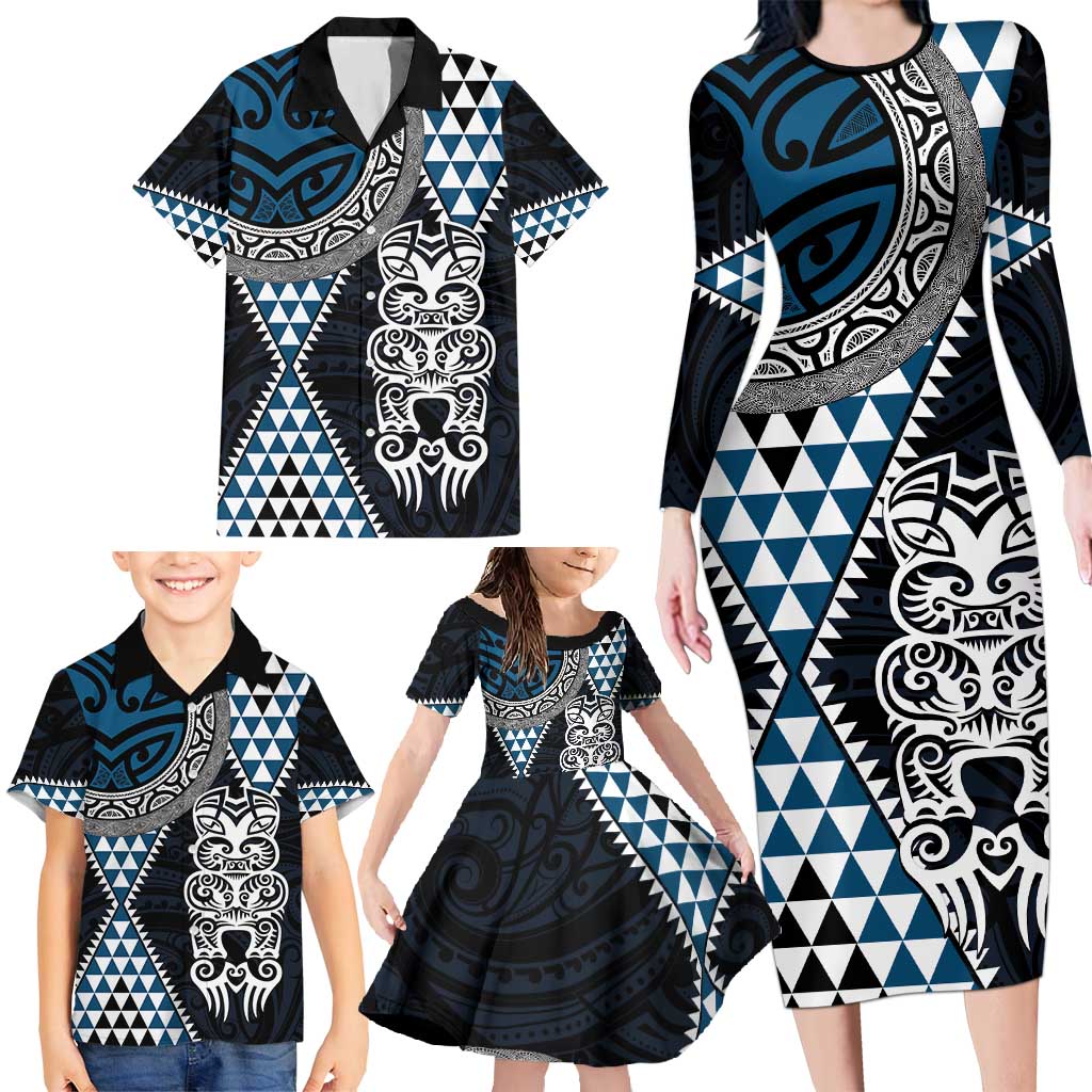 Blue Aotearoa Niho Taniwha Family Matching Long Sleeve Bodycon Dress and Hawaiian Shirt Maori Mythology Tooth - Taniko Motifs LT14 - Polynesian Pride