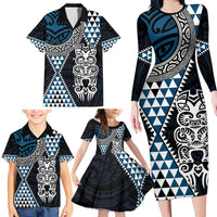 Blue Aotearoa Niho Taniwha Family Matching Long Sleeve Bodycon Dress and Hawaiian Shirt Maori Mythology Tooth - Taniko Motifs LT14 - Polynesian Pride