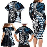 Blue Aotearoa Niho Taniwha Family Matching Long Sleeve Bodycon Dress and Hawaiian Shirt Maori Mythology Tooth - Taniko Motifs LT14 - Polynesian Pride