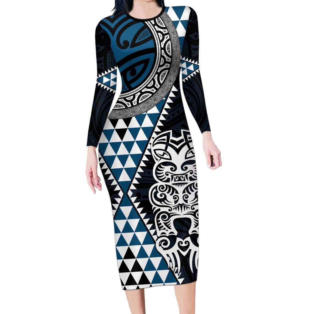 Blue Aotearoa Niho Taniwha Family Matching Long Sleeve Bodycon Dress and Hawaiian Shirt Maori Mythology Tooth - Taniko Motifs LT14 Mom's Dress Blue - Polynesian Pride